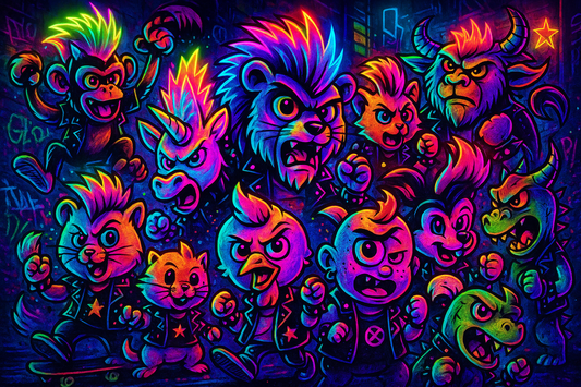 "Neon punk-inspired illustration featuring twelve diverse, rebellious kids and animal characters with mohawks and leather jackets, glowing vibrantly against a dark background."