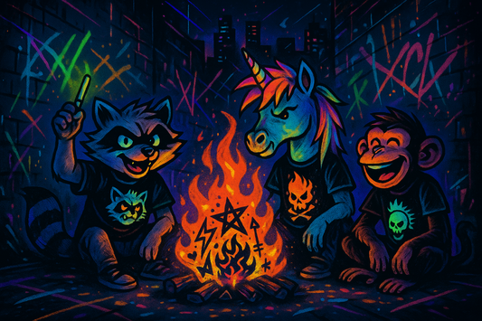 “Digital neon-style illustration of three punk animal characters — a raccoon holding a glowing UV pen, a unicorn with a fiery mohawk and glowing horn, and a laughing monkey — sitting around a glowing campfire in a graffiti-covered urban alley at night.”