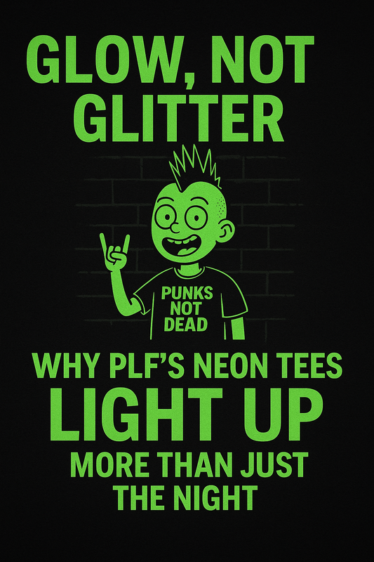 Bold neon green and pink graphic featuring a punk kid in a glow-in-the-dark “RIOT MODE” shirt, standing against a black background with lightning bolts and the headline “Glow, Not Glitter – PLF Tees That Light Up the Night.”