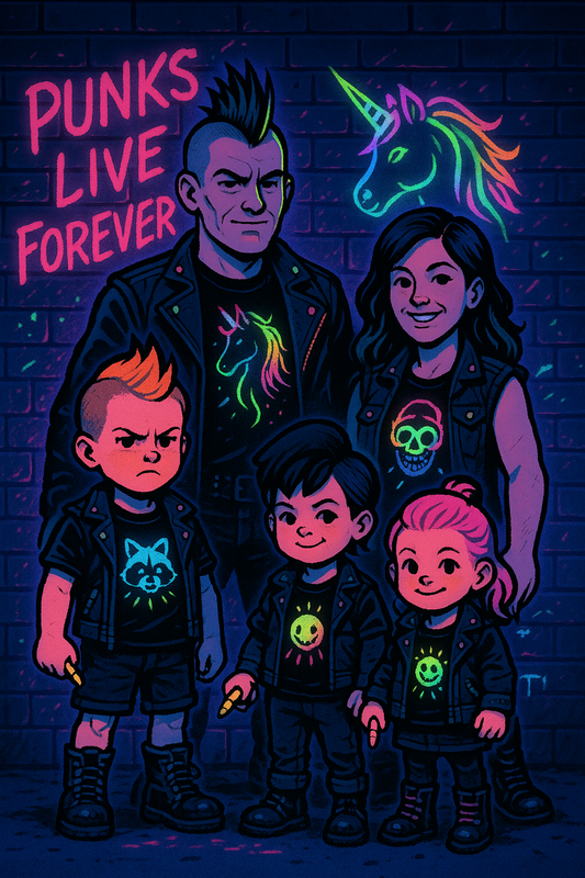 Neon punk family in matching glow-in-the-dark streetwear, posing against graffiti wall with slogans like “Punks Live Forever.” Perfect for alt kids fashion, DIY family style, and rebel clothing branding.