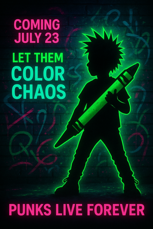Neon green and pink promotional graphic showing a punk-style kid holding a marker with the words “Something Big Is Coming – July 23” in graffiti text, surrounded by sketch outlines, stars, and lightning bolts.