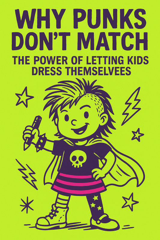 A playful digital illustration of a punk-styled kid with mismatched clothes, spiked hair, striped leggings, and a glow-in-the-dark T-shirt, confidently striking a pose in front of a graffiti-covered wall.