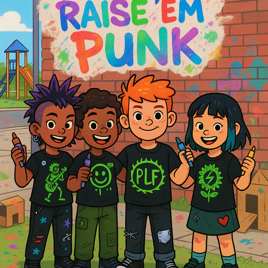 Four diverse punk kids stand proudly in front of a brick wall with colorful graffiti reading "RAISE 'EM PUNK," wearing black PLF shirts with neon designs and holding markers in a bright, playful playground scene.