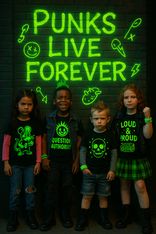 A high-contrast neon-lit photograph of four diverse children wearing bold PLF punk tees, confidently posing in front of a graffiti-covered wall with the words “FIND YOUR VOICE” glowing behind them.
