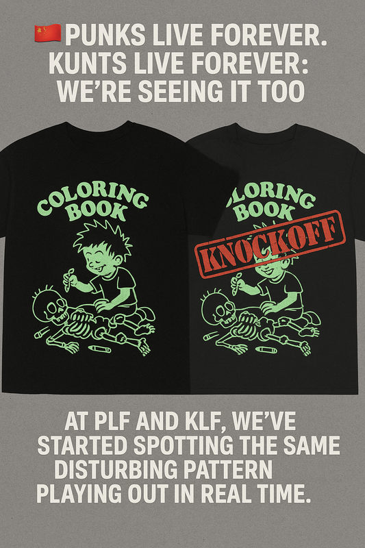 Side-by-side shirts showing a PLF original and a Chinese knockoff with a red “KNOCKOFF” stamp, calling out design theft.