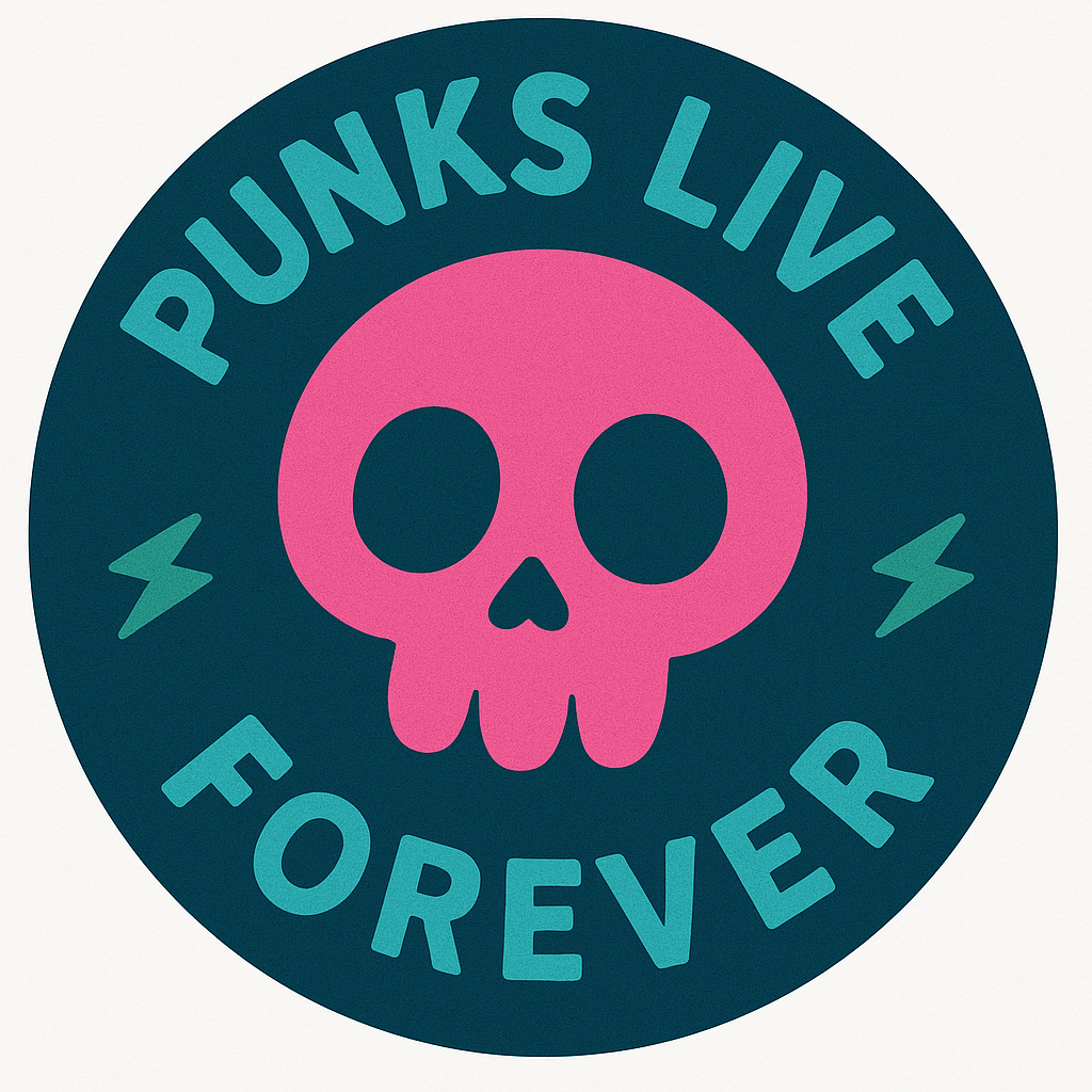 Circular logo featuring a bright pink skull centered on a dark teal background. The words "PUNKS LIVE FOREVER" are written in bold, teal-blue letters around the skull, with green lightning bolt symbols on either side.