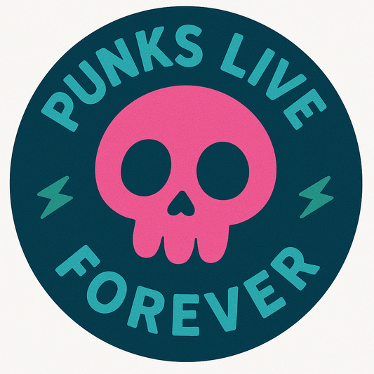 Circular logo featuring a bright pink skull centered on a dark teal background. The words "PUNKS LIVE FOREVER" are written in bold, teal-blue letters around the skull, with green lightning bolt symbols on either side.