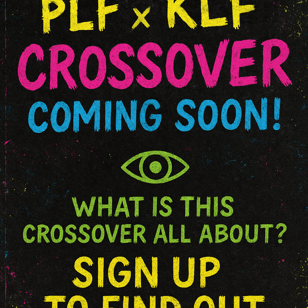 Promo graphic for the PLF x KLF crossover, with vibrant neon text on a dark background, announcing the upcoming collaboration with a bold 'COMING SOON!' and 'SIGN UP TO FIND OUT.