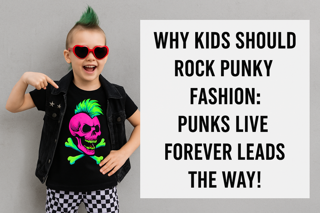 Young girl with a green mohawk and heart-shaped sunglasses, wearing a punk graphic tee with neon skull, pointing at text: 'WHY KIDS SHOULD ROCK PUNKY FASHION: PUNKS LIVE FOREVER LEADS THE WAY!'