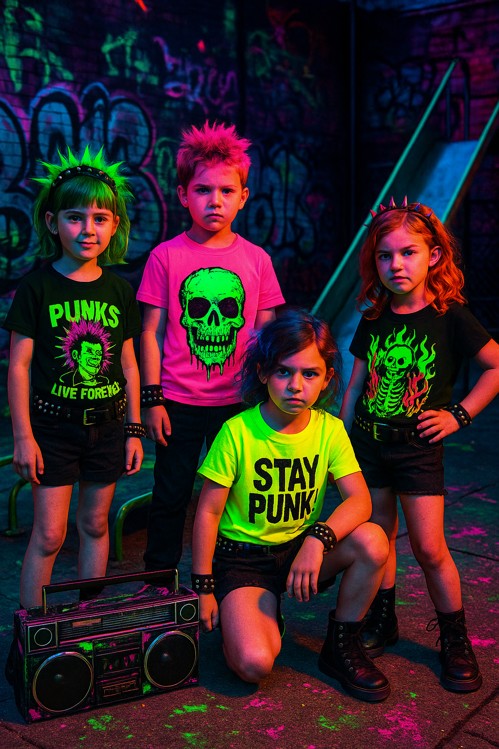 Four punk-styled kids stand in a gritty neon-lit playground with graffiti-covered walls and a metal slide behind them, wearing glow-in-the-dark graphic tees, studded accessories, and rebellious expressions, embodying the PLF punk fashion spirit.