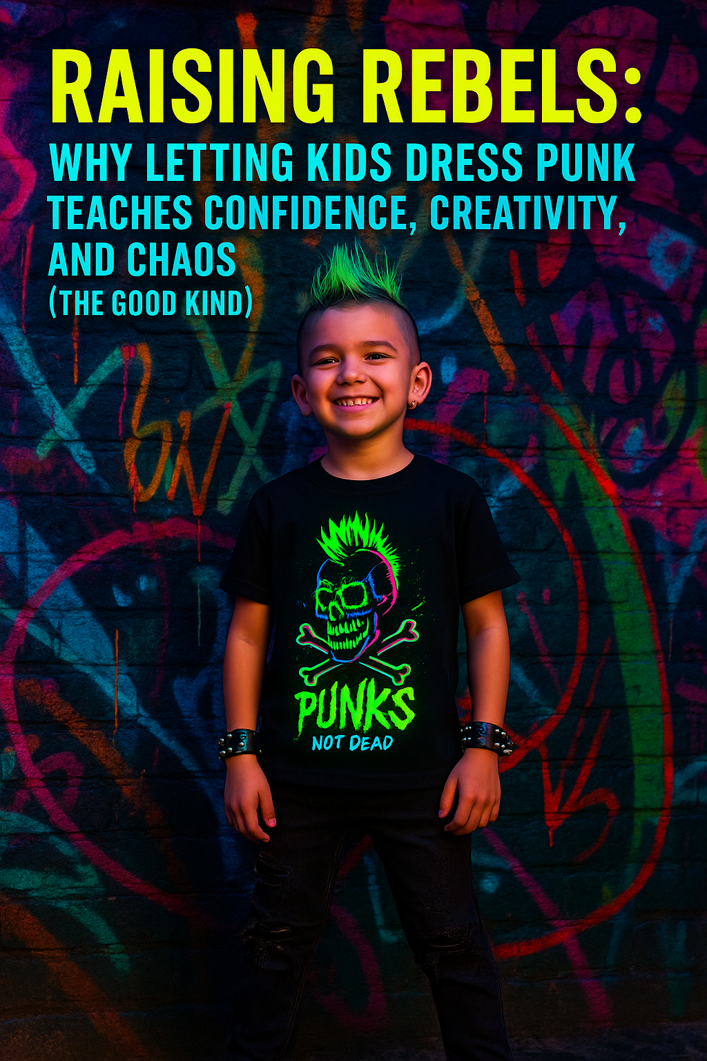 Smiling punk kid with a neon green Mohawk stands in front of a colorful graffiti wall, wearing a glow-in-the-dark “PUNKS NOT DEAD” t-shirt and studded accessories.