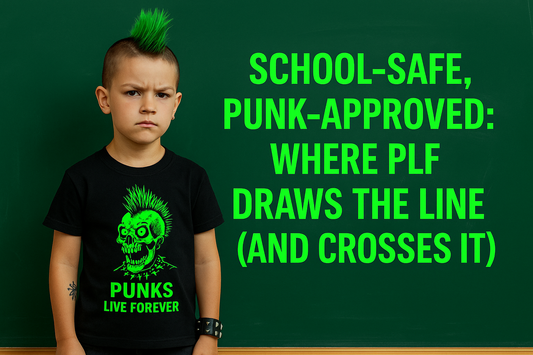 Neon green graphic on black background featuring a screaming punk face surrounded by stars, with bold text reading “PUNKS NOT DEAD” above and “LIVE FOREVER” below.
