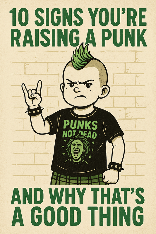 Cartoon punk kid with a green mohawk throws a rock hand sign while wearing a “PUNKS NOT DEAD” shirt, standing against a beige brick wall with bold green text that reads “10 Signs You’re Raising a Punk – And Why That’s a Good Thing.”