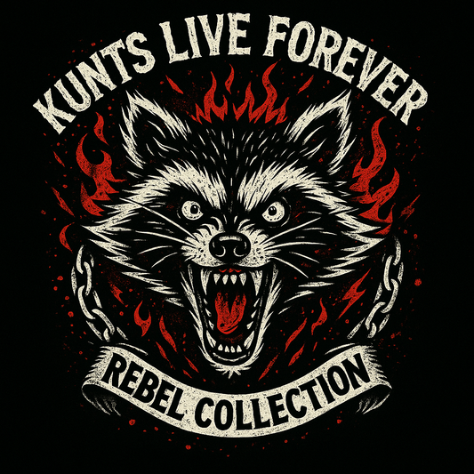 "Ferocious raccoon punk logo for Kunts Live Forever Rebel Collection — red flames, snarling animal, chain details, hardcore streetwear design from Kunts Live Forever (KLF)."