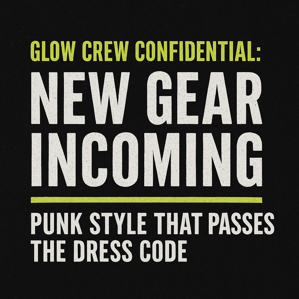 "Black textured background with bold distressed text reading 'Glow Crew Confidential: New Gear Incoming' in neon green and white, followed by a neon green line and the tagline 'Punk Style That Passes the Dress Code' in white."