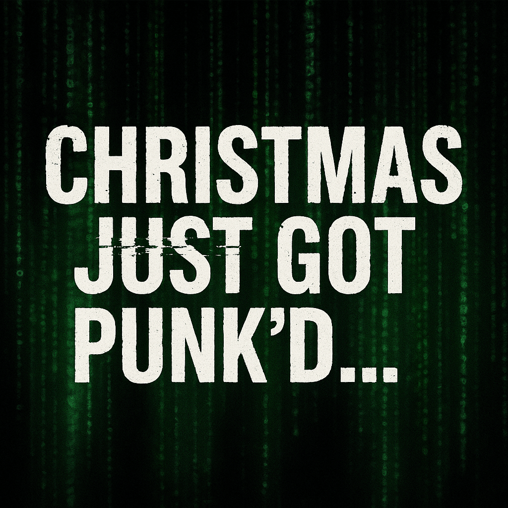 “Glitched punk Christmas graphic with matrix-style background.”