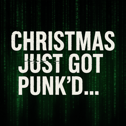 “Glitched punk Christmas graphic with matrix-style background.”