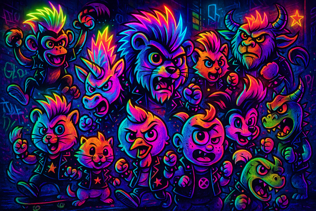  "Neon punk-inspired illustration featuring twelve diverse, rebellious kids and animal characters with mohawks and leather jackets, glowing vibrantly against a dark background."