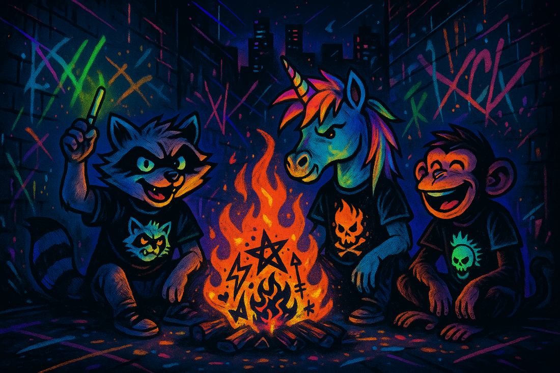 “Digital neon-style illustration of three punk animal characters — a raccoon holding a glowing UV pen, a unicorn with a fiery mohawk and glowing horn, and a laughing monkey — sitting around a glowing campfire in a graffiti-covered urban alley at night.”