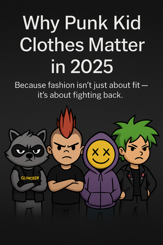 "GlowCrew cartoon punks standing defiant under the headline 'Why Punk Kid Clothes Matter in 2025'"