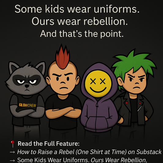 A promotional digital graphic design featuring four punk-style cartoon kids in rebellious attire beneath bold text that reads, “Some Kids Wear Uniforms. Ours Wear Rebellion.”