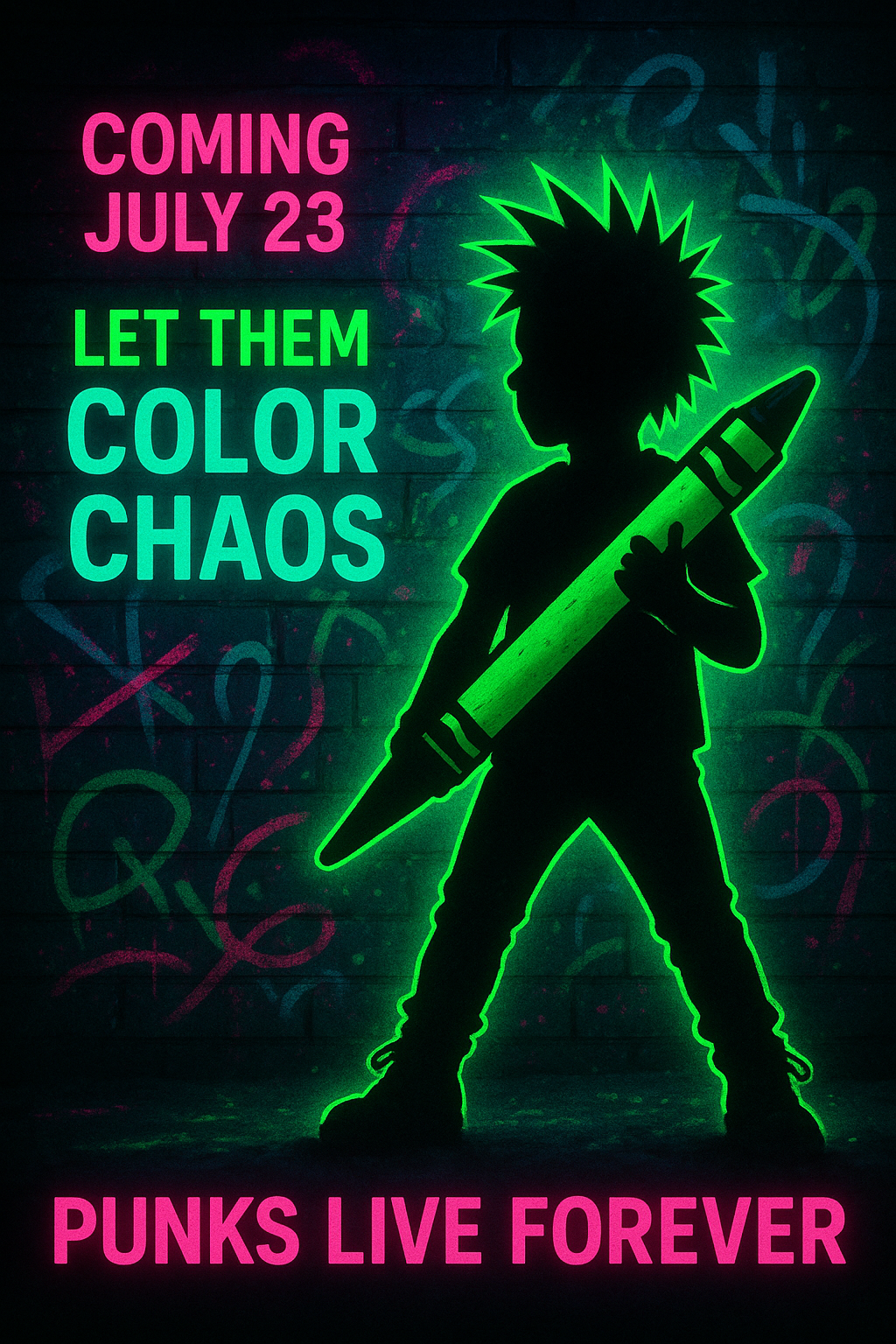 Neon green and pink promotional graphic showing a punk-style kid holding a marker with the words “Something Big Is Coming – July 23” in graffiti text, surrounded by sketch outlines, stars, and lightning bolts.