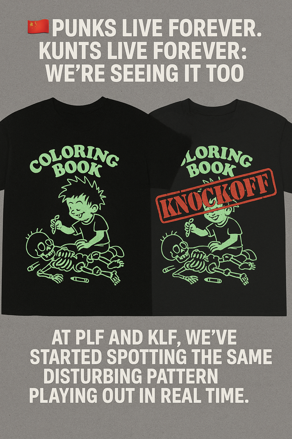 Side-by-side shirts showing a PLF original and a Chinese knockoff with a red “KNOCKOFF” stamp, calling out design theft.