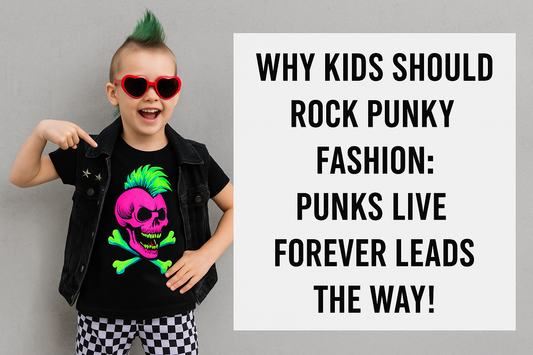 Young girl with a green mohawk and heart-shaped sunglasses, wearing a punk graphic tee with neon skull, pointing at text: 'WHY KIDS SHOULD ROCK PUNKY FASHION: PUNKS LIVE FOREVER LEADS THE WAY!'