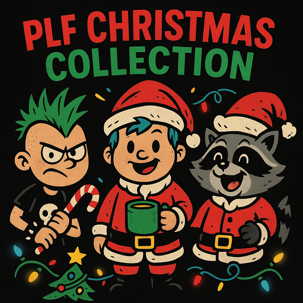 Three punk-style Christmas characters — a grumpy kid with a candy cane, a cheerful kid Santa, and a smiling raccoon in a Santa suit — under bold red and green “PLF Christmas Collection” text on a black background.