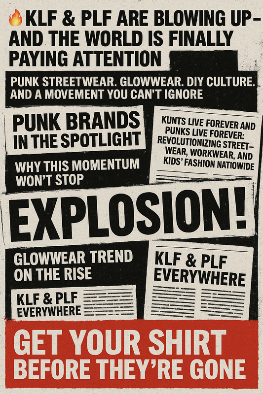 A chaotic punk-style newspaper collage with bold black-and-red headlines announcing the explosive rise of PLF and KLF, styled with raw DIY textures and rebellious visuals