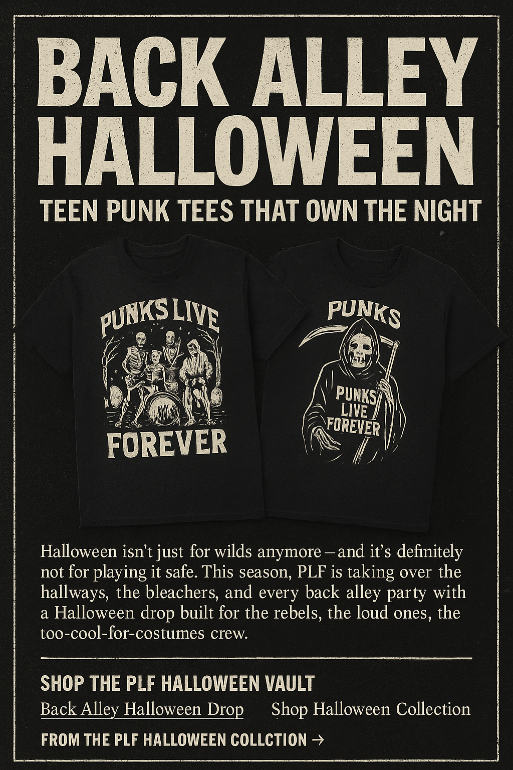Two black teen punk Halloween shirts: one with a skeleton band design, one with a grim reaper, set against a gritty black promo background.