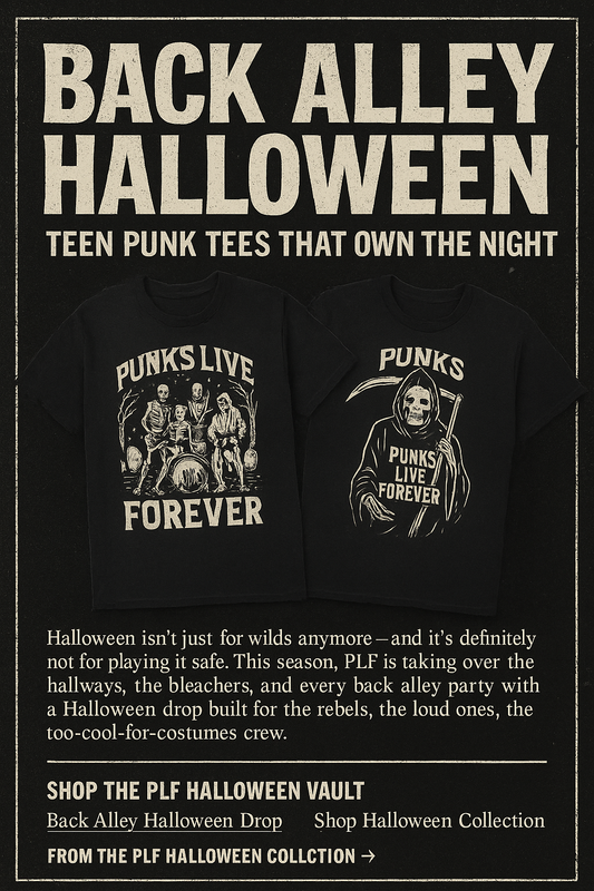 Two black teen punk Halloween shirts: one with a skeleton band design, one with a grim reaper, set against a gritty black promo background.