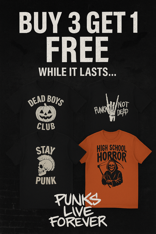 Promotional punk graphic featuring four PLF shirts in a gritty black and graffiti background. Bold text reads “Buy 3 Get 1 FREE” with “While it lasts…” beneath. Includes subtle Halloween touches like bats and neon glow.