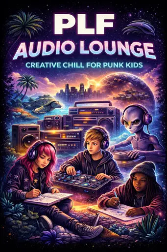 PLF Audio Lounge collection artwork showing diverse punk kids creating music with DJ gear under a cosmic sky, representing creative chill streetwear for punk youth.