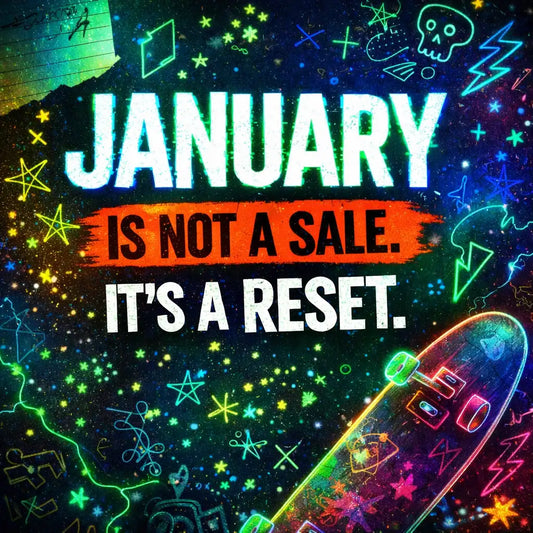 January Is Not a Sale It’s a Reset PLF punk kidswear teaser graphic with glowing neon doodles and playful punk artwork
