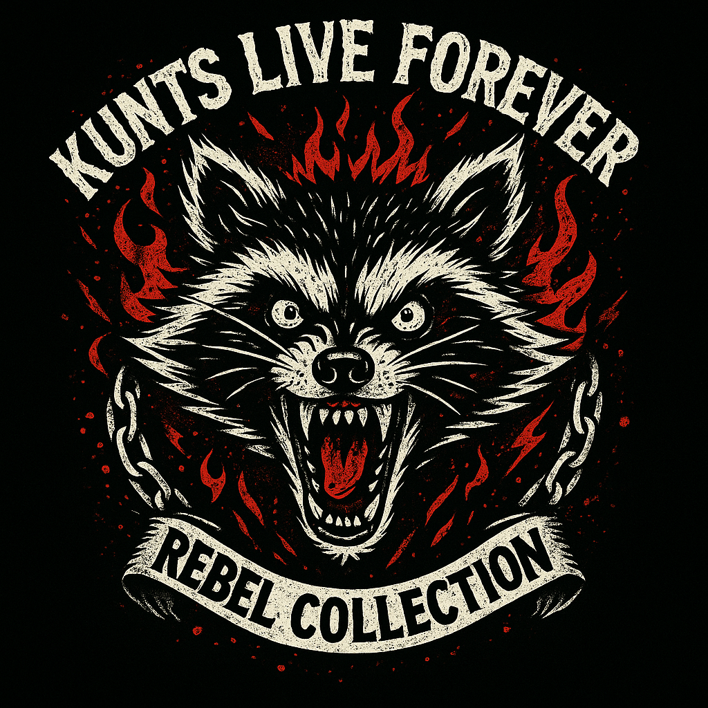 "Ferocious raccoon punk logo for Kunts Live Forever Rebel Collection — red flames, snarling animal, chain details, hardcore streetwear design from Kunts Live Forever (KLF)."