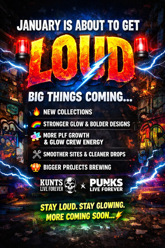 Colorful glow-style graphic teasing new Punks Live Forever kidswear collections arriving in January with bold, playful punk energy.