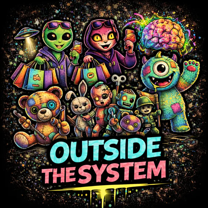 Punk kids collection art showing neon alien, glitch brain, and broken toy characters for PLF Outside The System drop.