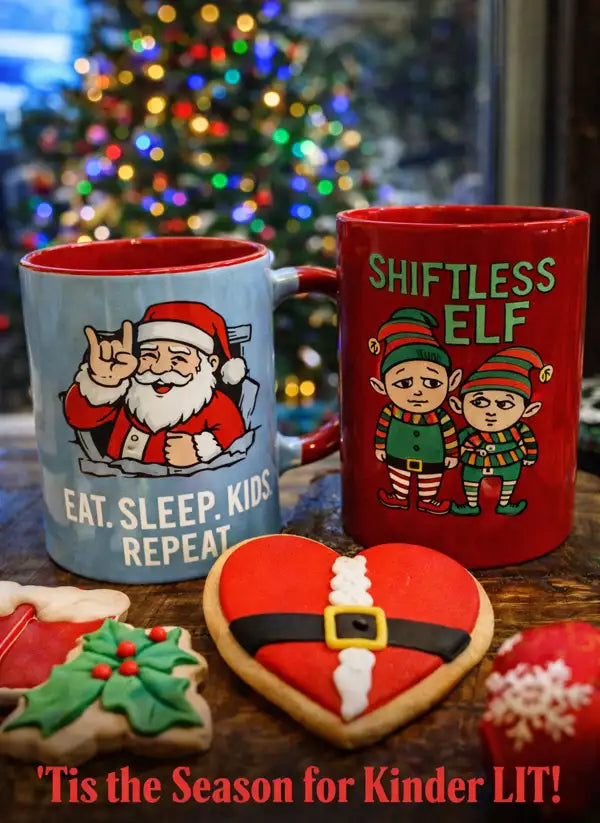 Festive Christmas mugs and cookies featuring kid-friendly holiday humor from Punks Live Forever, with a decorated tree in the background