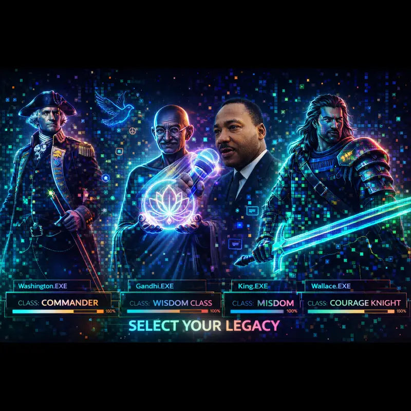 Cyberpunk neon artwork of rebel historical figures reimagined as video game heroes in a kids punk clothing collection with glowing glyphs and Select Your Legacy title