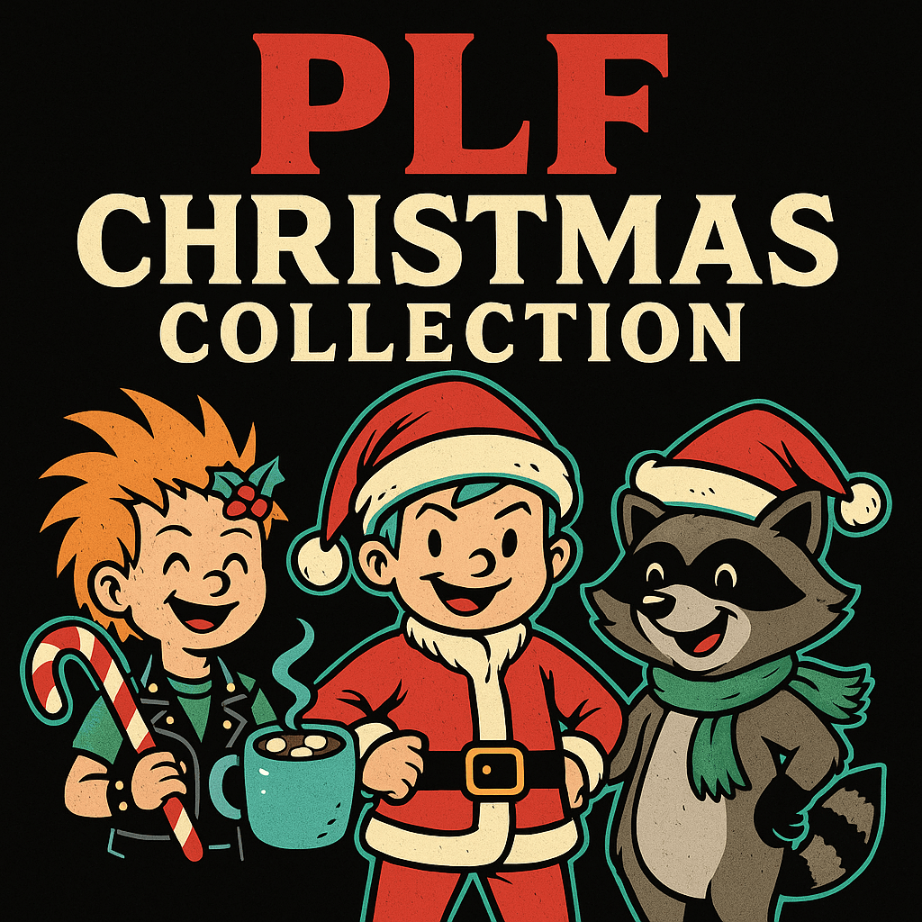 Punk-style kids and a raccoon in Santa outfits under “PLF Christmas Collection” text.