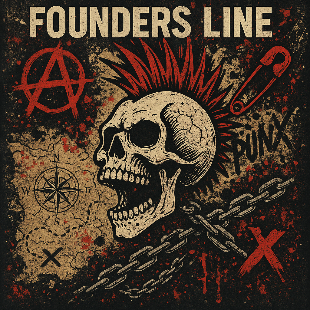 “Punk-themed artwork for the ‘Founders Line’ collection featuring a screaming skull with a red mohawk, graffiti splatters, anarchist symbols, chains, and bold distressed text.”