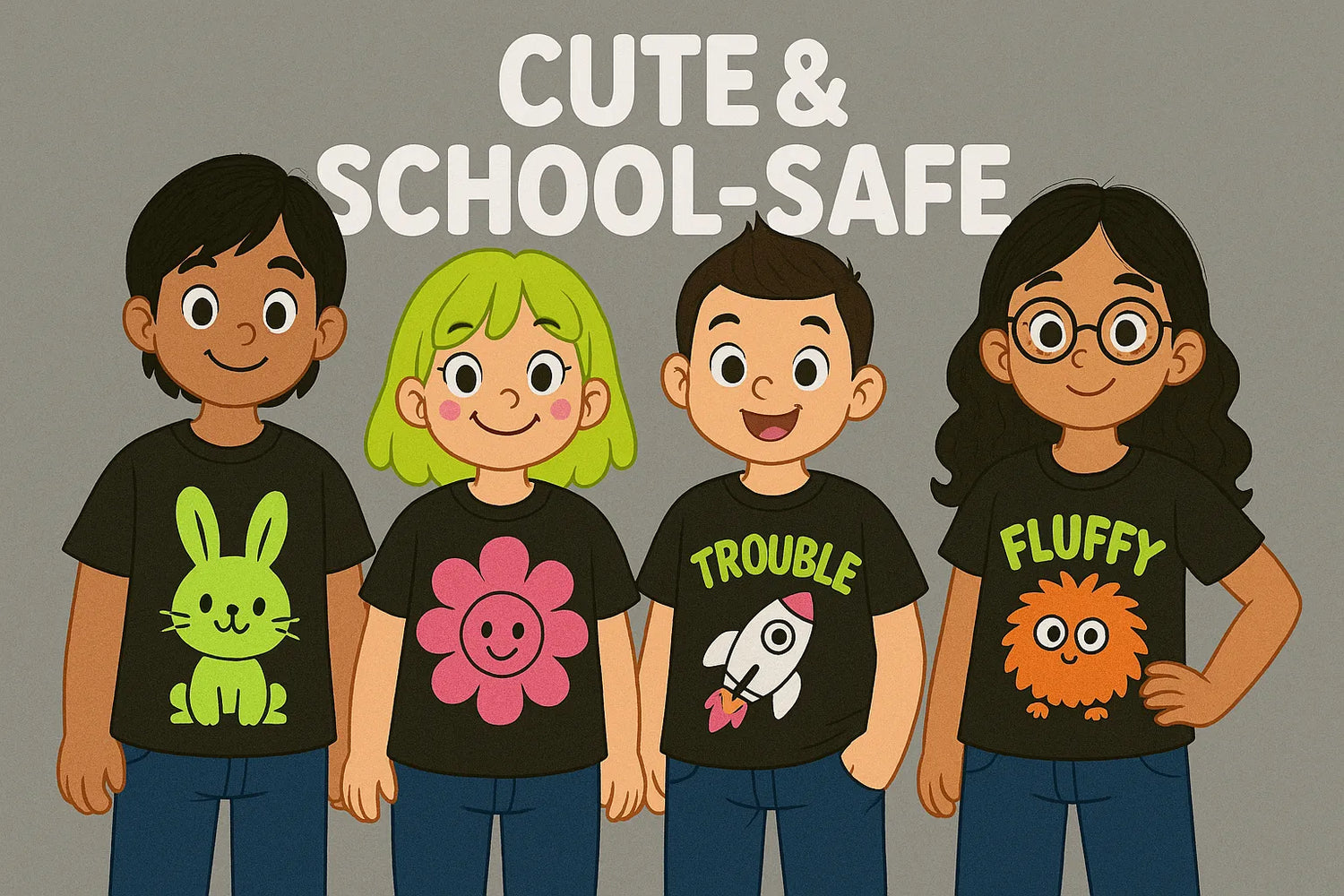 “Cartoon illustration of four diverse kids wearing cute, school-safe PLF T-shirts with bright, friendly graphics under the ‘Cute & School-Safe’ banner.”
