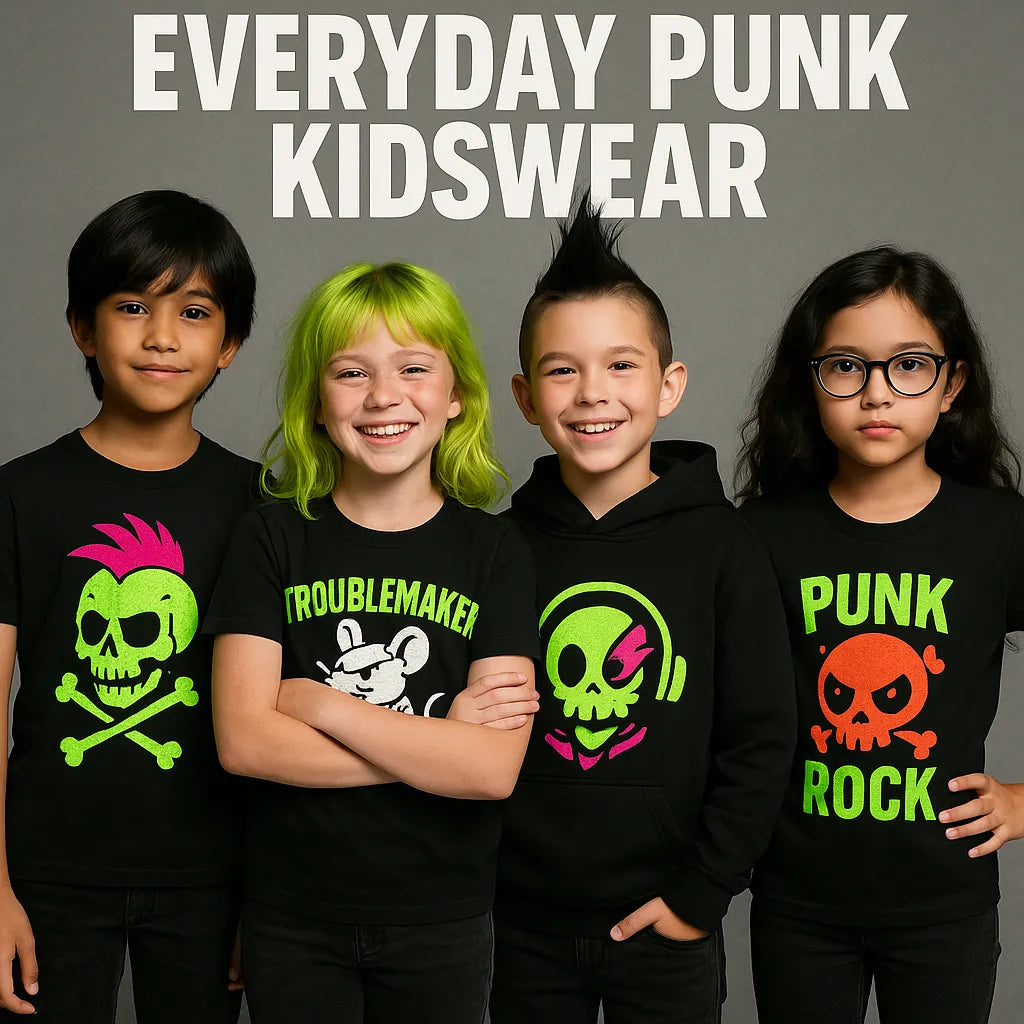 “Four diverse kids wearing neon punk T-shirts and hoodies under the heading ‘Everyday Punk Kidswear,’ showcasing bold, high-contrast PLF designs.”